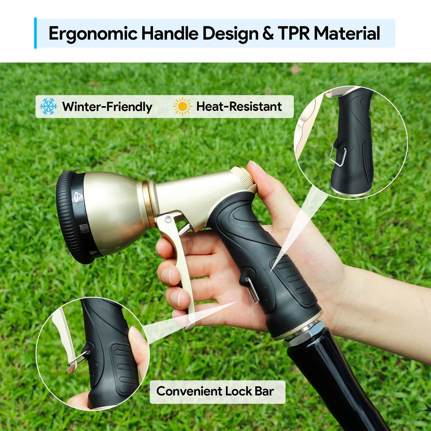 Qxiaozhan Heavy Duty Hose Nozzle, 9-IN-1 Spray Patterns, Spray Nozzles for Garden Hose with Metal Trigger & Lock Bar, 3/4" Thread & Connection Adapter, Suit for Watering Plants, Lawn, Car, Outdoor Pet