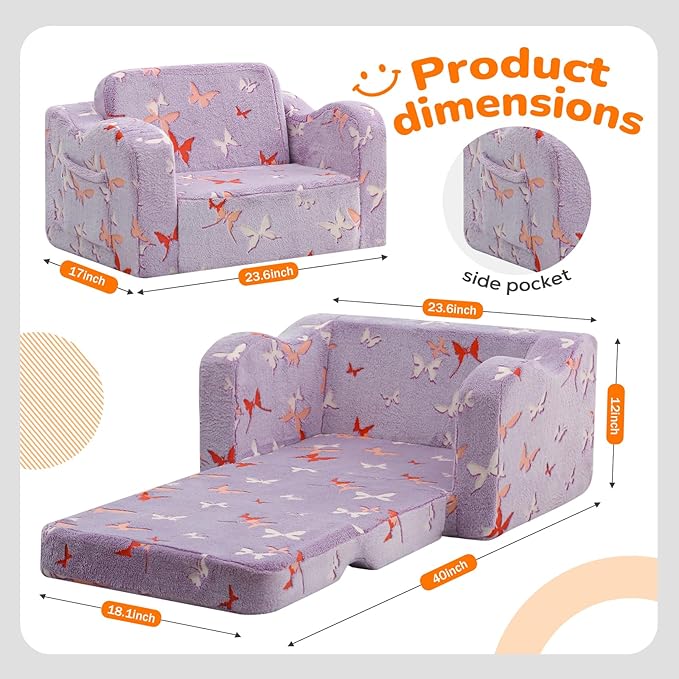 MeMoreCool Glowing Butterfly Kids Chair, 2-in-1 Foldable Kids Couch