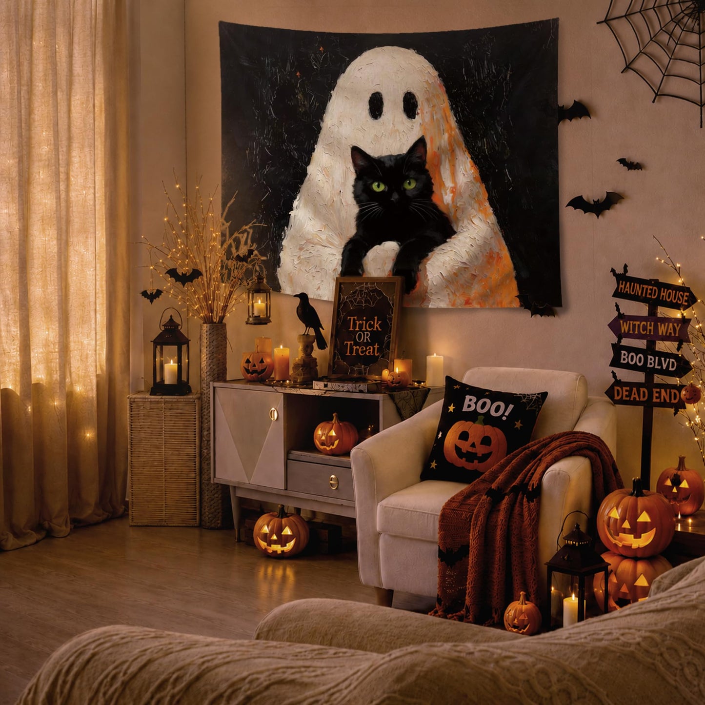 YTRG Spook Ghost Black Cat Tapestry, Halloween Tapestries Wall Hanging for Bedroom, Cat Ghost Tapestry Wall Decor Backdrop for Living Room Home, Black Cats Gifts for Women Girls Men, 50x60 Inch