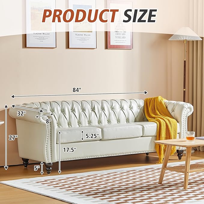 ORRD 2 Pieces Living Room Set, Chesterfield Faux Leather Sofa Loveseat Couch