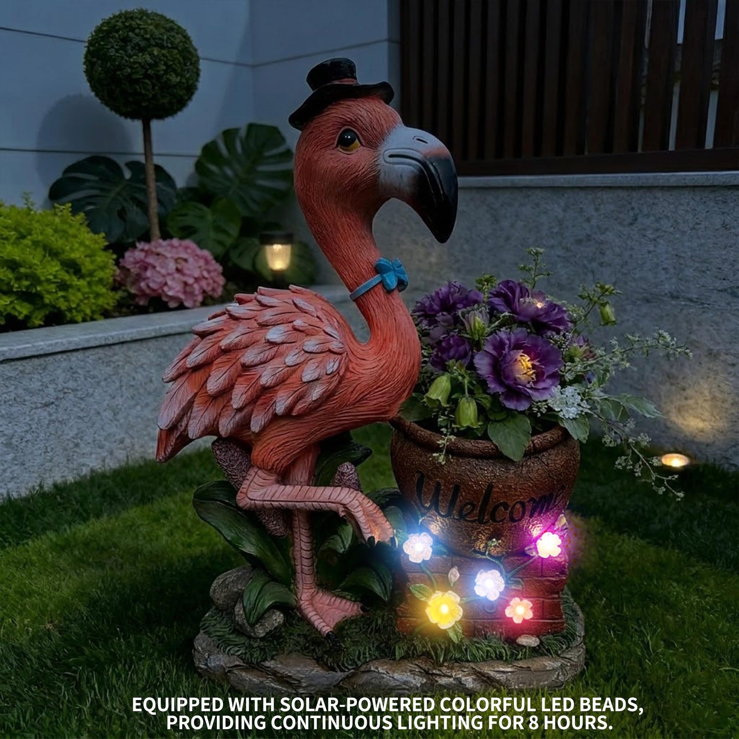 UNOIRNM Flamingo Welcome Planter Garden Statue - with Top Hat & Blue Bowtie – Lifelike 26.8” Tall, Weather-Resistant Resin – Perfect for Outdoor Lawn, Patio, & Porch Décor – Black top hat