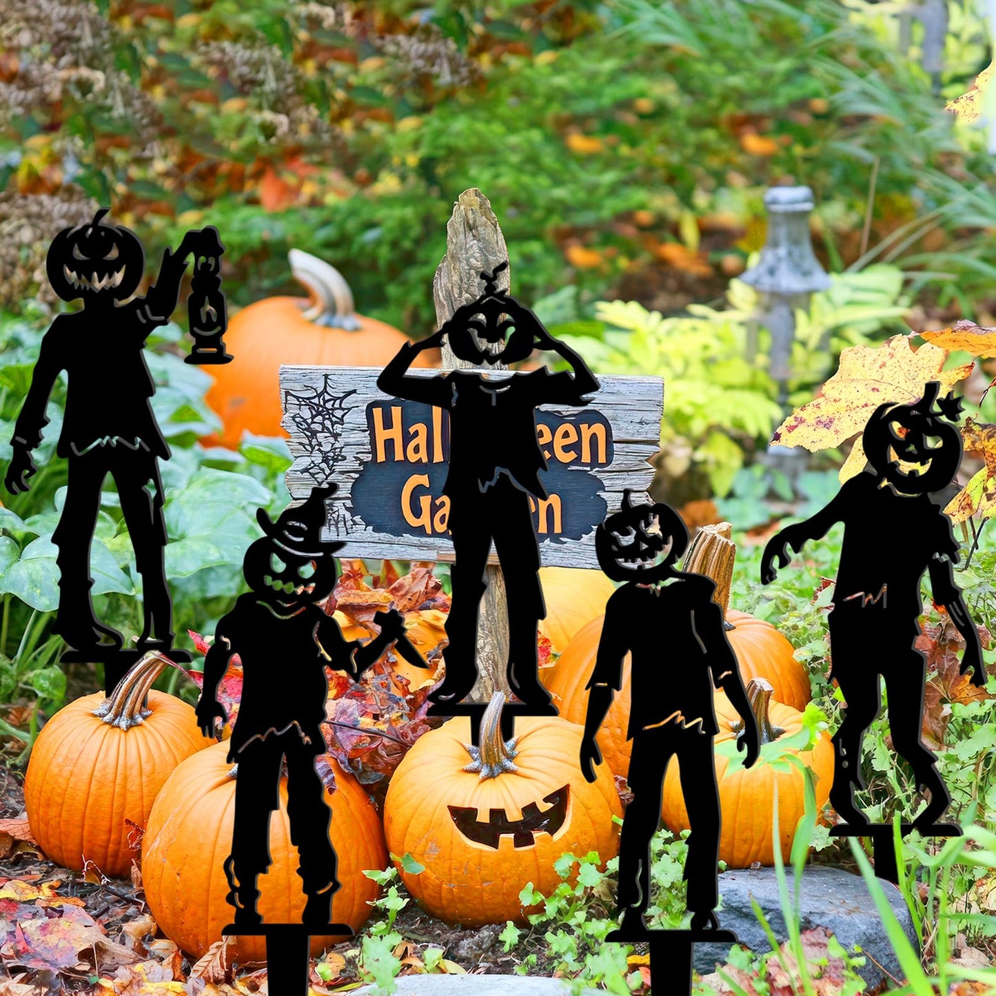 5 Pcs Metal Halloween Yard Signs Halloween Outdoor Decorations Black Metal Art Halloweens Yard Stakes Reusable Skeleton Lawn Sign for Zombie Holiday Party Supply Pumpkin Decor for Garden Prop