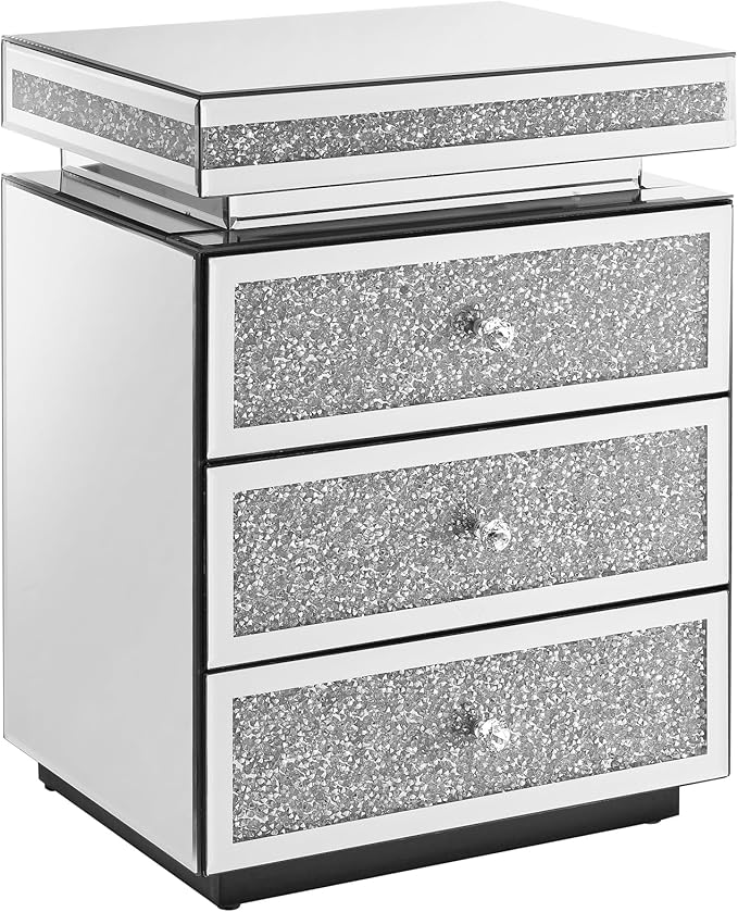 Mirrored Nightstand with 3 Drawers, Mirror End Table, Modern Bedside Table