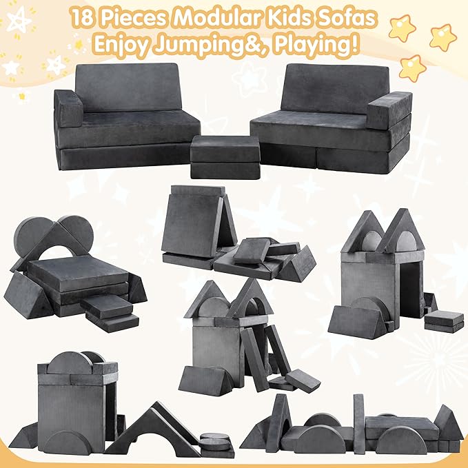 JY QAQA 18Pcs Modular Kids Play Couch Set, Toddler Sectional Sofa