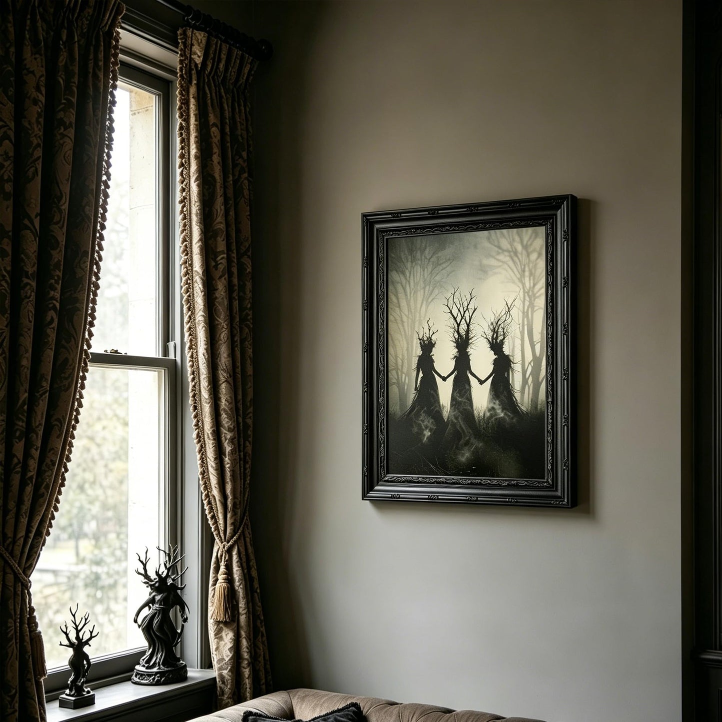 Framed Witch Canvas Wall Art,Occult Painting Picture Wall Decor,Dark Moody Poster Print Artwork,for Bedroom Living Room Halloween Party Home Decoration 9x11in