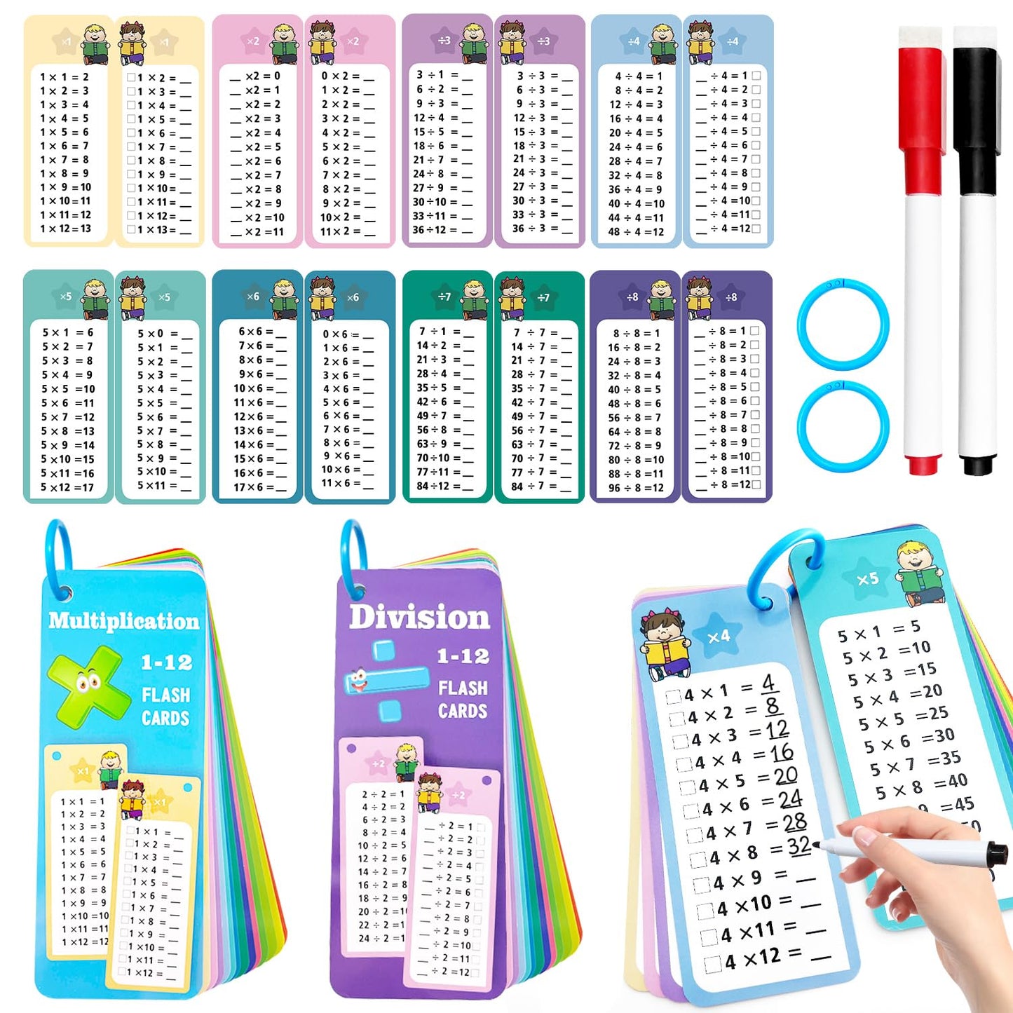Anemeeoke 30Pack Multi Math Flash Cards, Multiplication Division Flashcard, with 2 Dry Erase Markers, 2 Rings, Educational Times Table Flashcards for Classroom Home