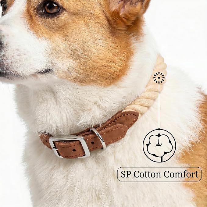 Mile High Life Genuine Leather Dog Collar, Durable Braided Cotton Rope Collar with Metal Pin Buckle for Small Medium Large Dogs (Light Brown, S Neck 11"-15")