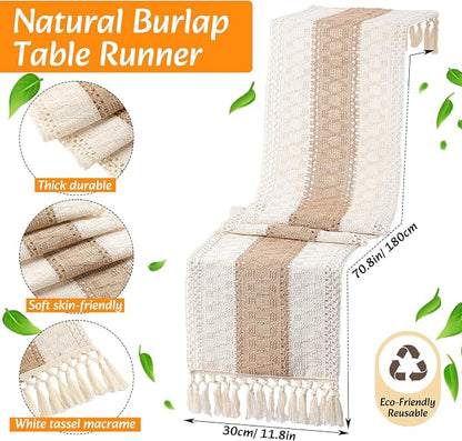 6 Sets Boho Decoration Placemats Round Woven Placemats, Cloth Napkins, Wood Bead Napkin Rings, Long Table Runner and Farmhouse Burlap Cotton for Table Kitchen (Khaki,12x72)