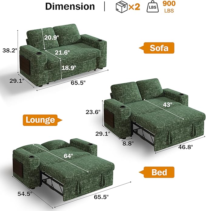 Vipbear 65" Loveseat Sleeper Sofa