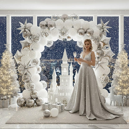 White Winter party decorations with Pearl White Silver Balloon Garland Arch & foil Star printed balloons Artificial Snowflakes for winter wonderland 1st birthday Christmas new year party decorations