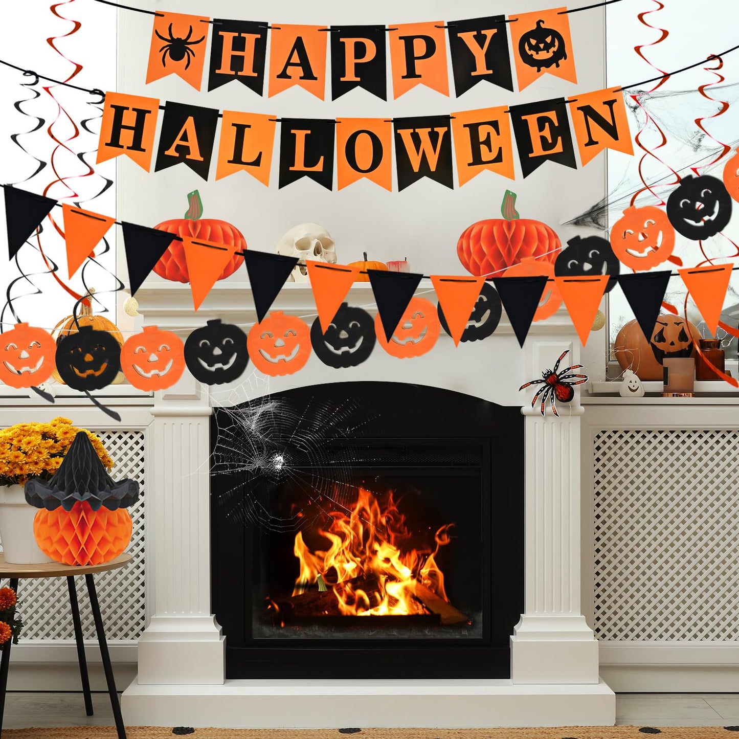 AhfuLife Halloween Party Decorations - Supplies Set with Reusable Decorations, Indoor Happy Halloween Sign Banner, Pennant Banner, Paper Tissue Fan