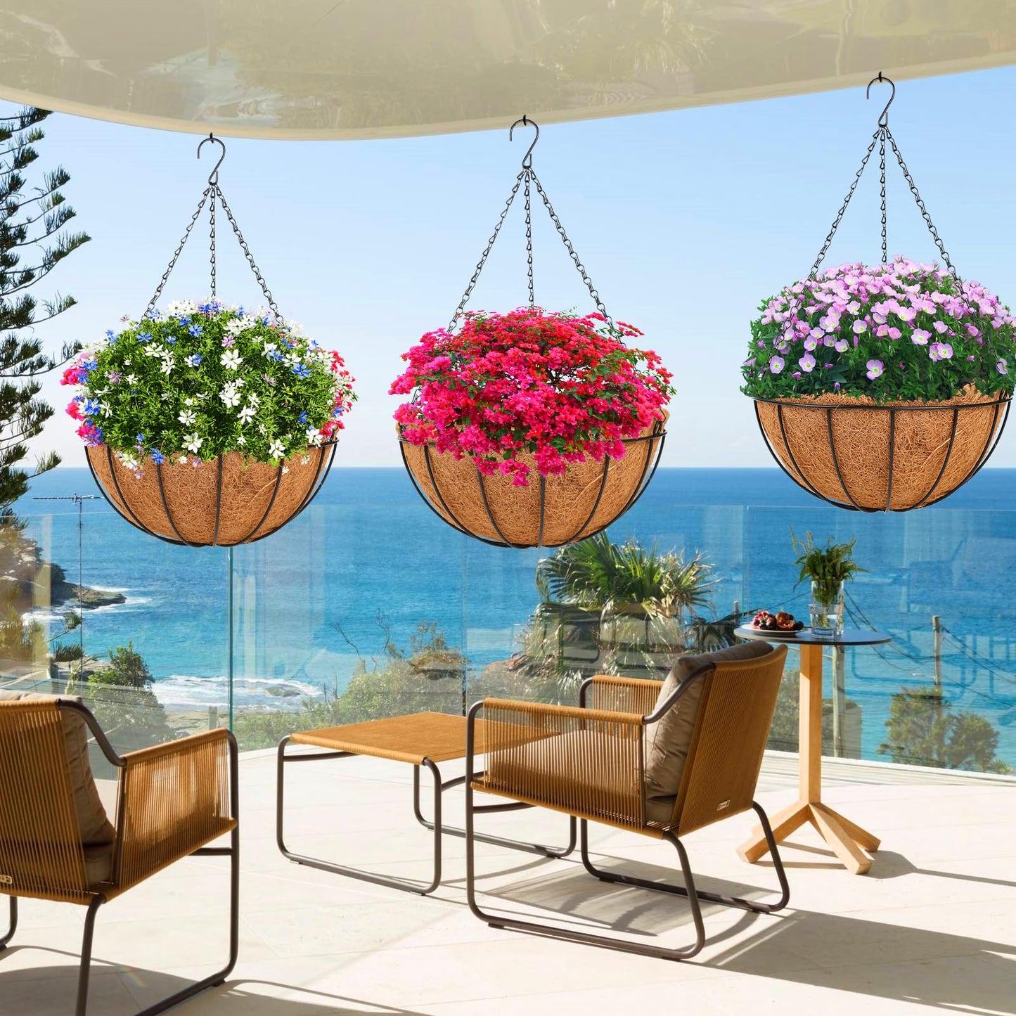 Hanging Basket Planter Plants Outdoor - 4 Pack 14 Inch Metal Hanging Planter with Coco Liners, Chain Hook Hanging Flower Pots for Indoor Outdoor Garden Porch Decoration
