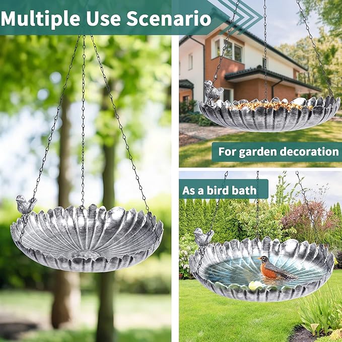 VCUTEKA Hanging Bird Baths for Outdoors, Metal Bird Bath for Outside Birdfeeder for Garden, Patio, Back Yard Decoration, Silver