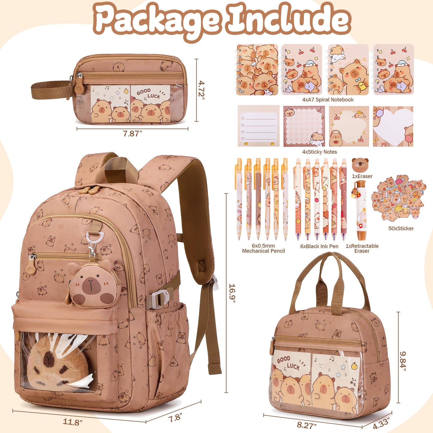 Similove Capybara Theme Backpack for School Girls, 35PCS Kids Backpack Set with School Supplies Stationery Kit Lunch Box Pencil Case, Cute Girls Bookbag for Kindergarten Elementary Student