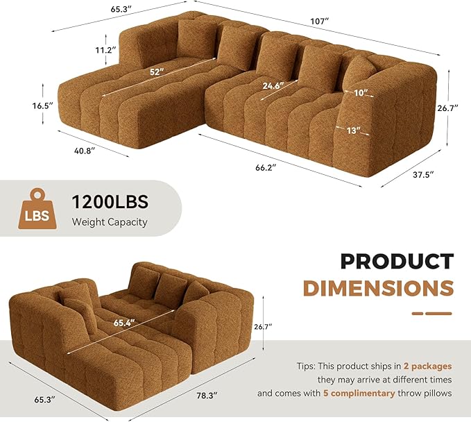 107" Boneless Couch with L