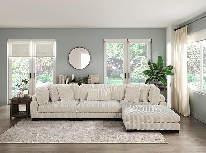 Modular Corner Seat, Plush Beige Corduroy Sofa, Customizable Living Room