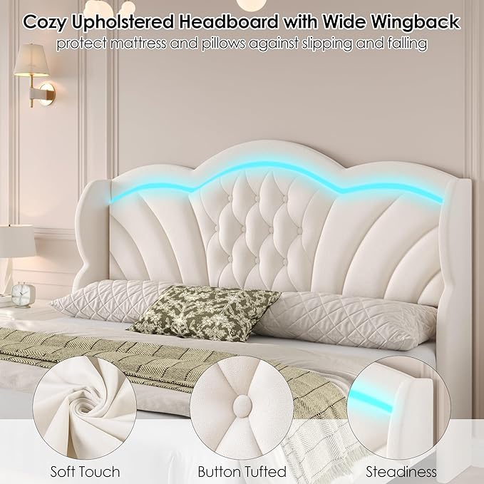 Keyluv Queen Bed Frame with LED Lights and 2 Storage Drawers, Velvet
