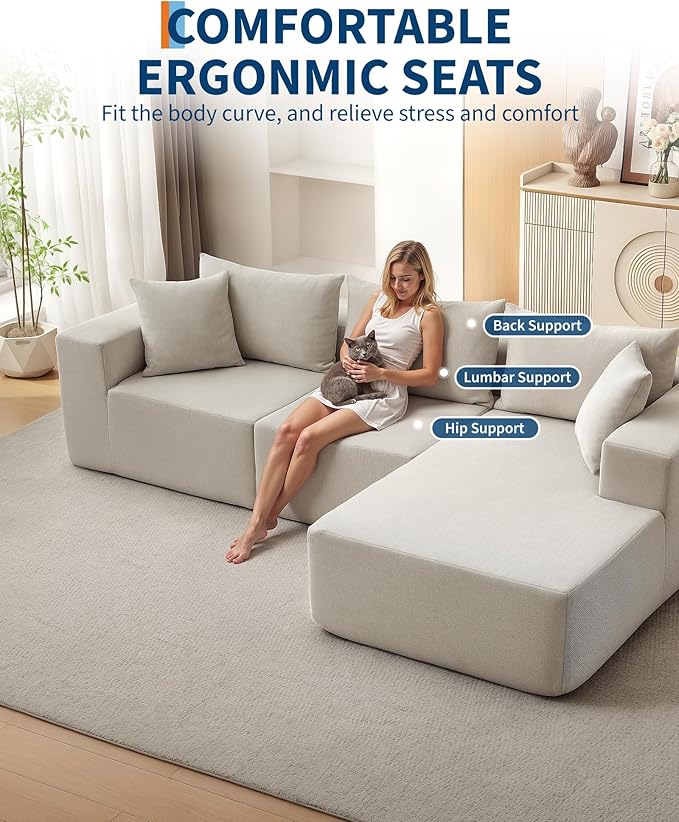 Corduroy Modular L Shape Sofa, Cloud Feel Compressed Sectional Couch