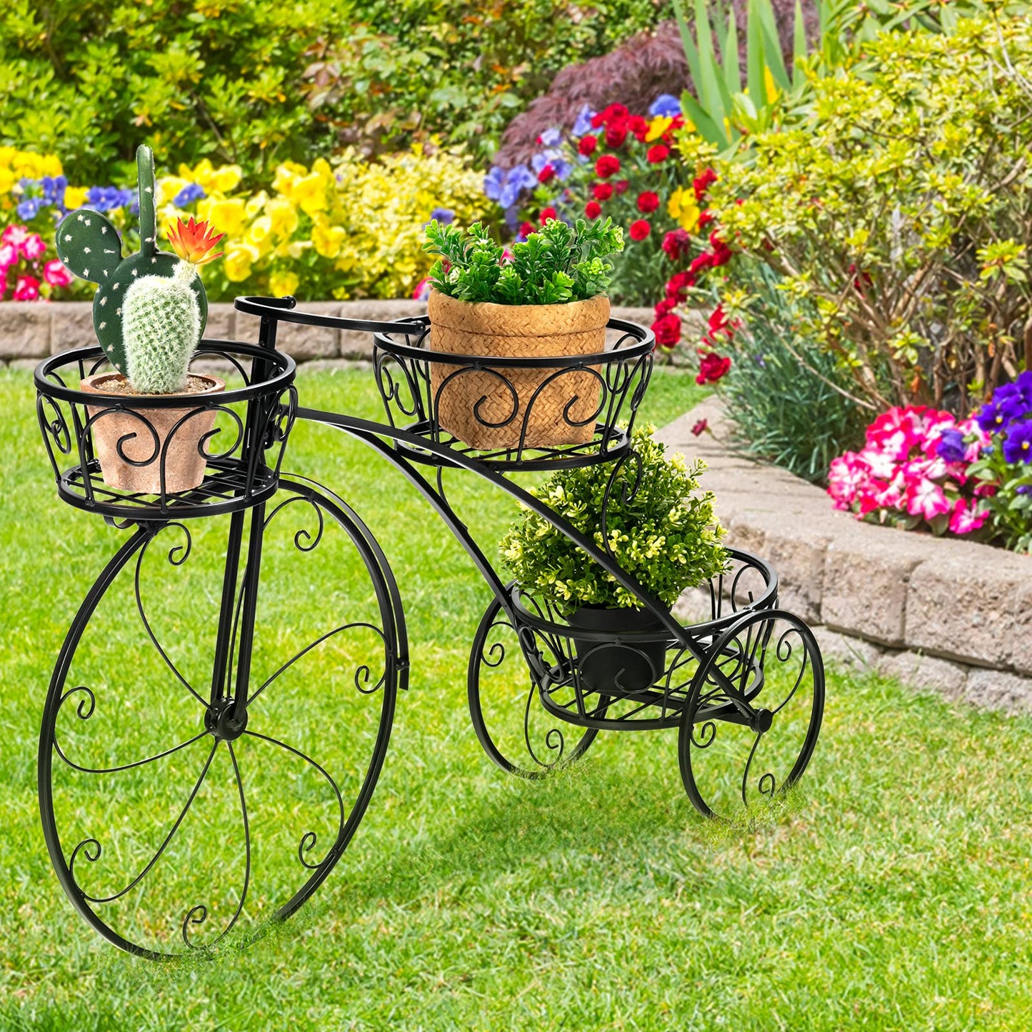 OFFICEJOY Bicycle Planter, Flower Pot Stand with 3 Decorative Wheels, 3 Collection Baskets, Metal Steel Frame, Tricycle Plant Stand for Outdoor, Indoor, Home, Balcony, Patio, Garden, Backyard