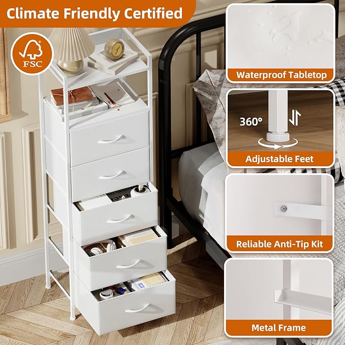 Somdot Tall Dresser for Bedroom, 5 Drawers Nightstand Vertical Storage Tower
