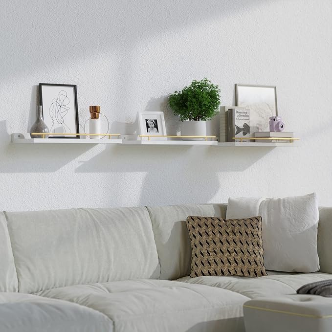 WOPITUES Floating Shelves with Gold Metal Guardrail, Shelves