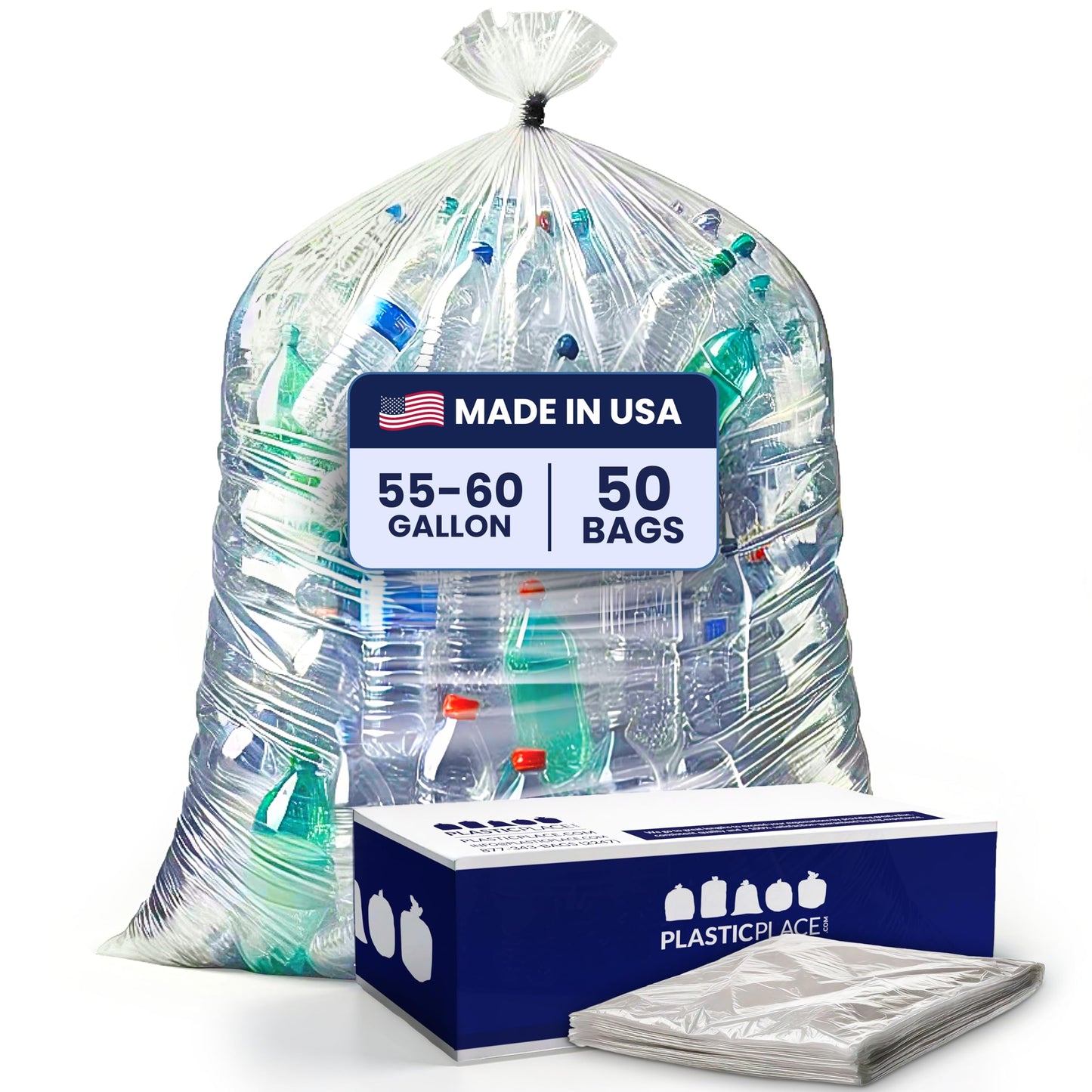 Plasticplace Contractor Trash Bags 55-60 Gallon, Heavy Duty Garbage Bags, 3.0 Mil Clear Trash Bags, Tear-Resistant Large Trash Can Liners for Construction, Recycling & Home Improvement (50 Count)