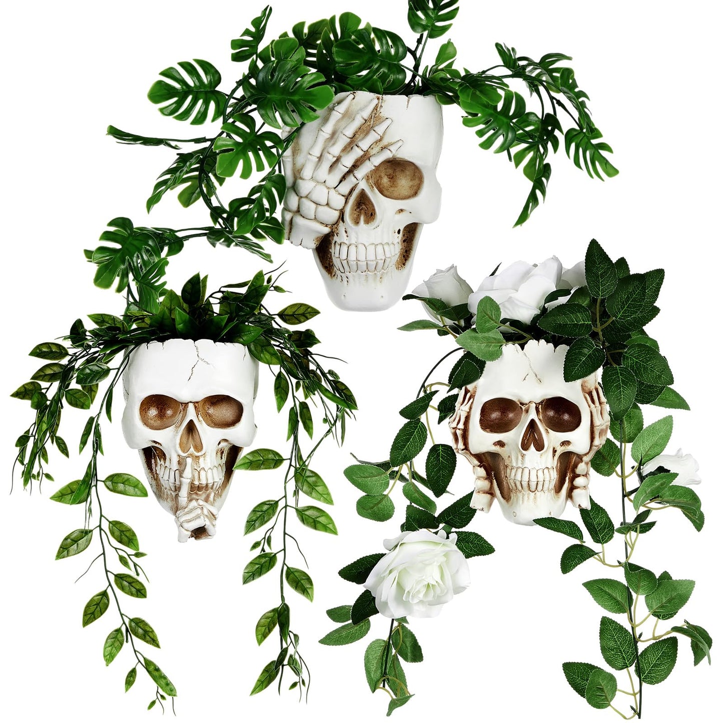 RimCereal 3 Pcs Skull Planter Skeleton Wall Hanging Planter Pot Gothic Spooky Head Face Flower Pot Garden Decor for Festival Party Indoor Outdoor Plants Home Garden Office Decorations(White)