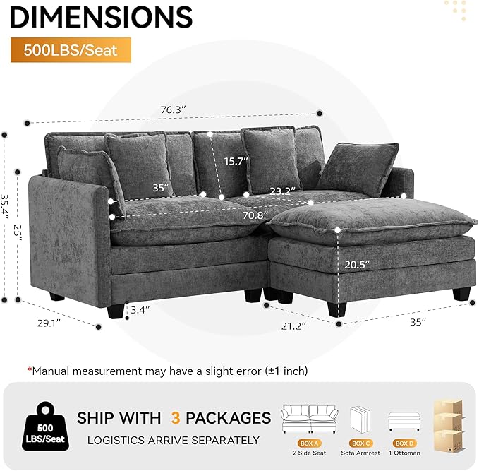 76'' Cloud Deep Seat Loveseat Sofa, Upholstered Chenille Modular 2-Seats