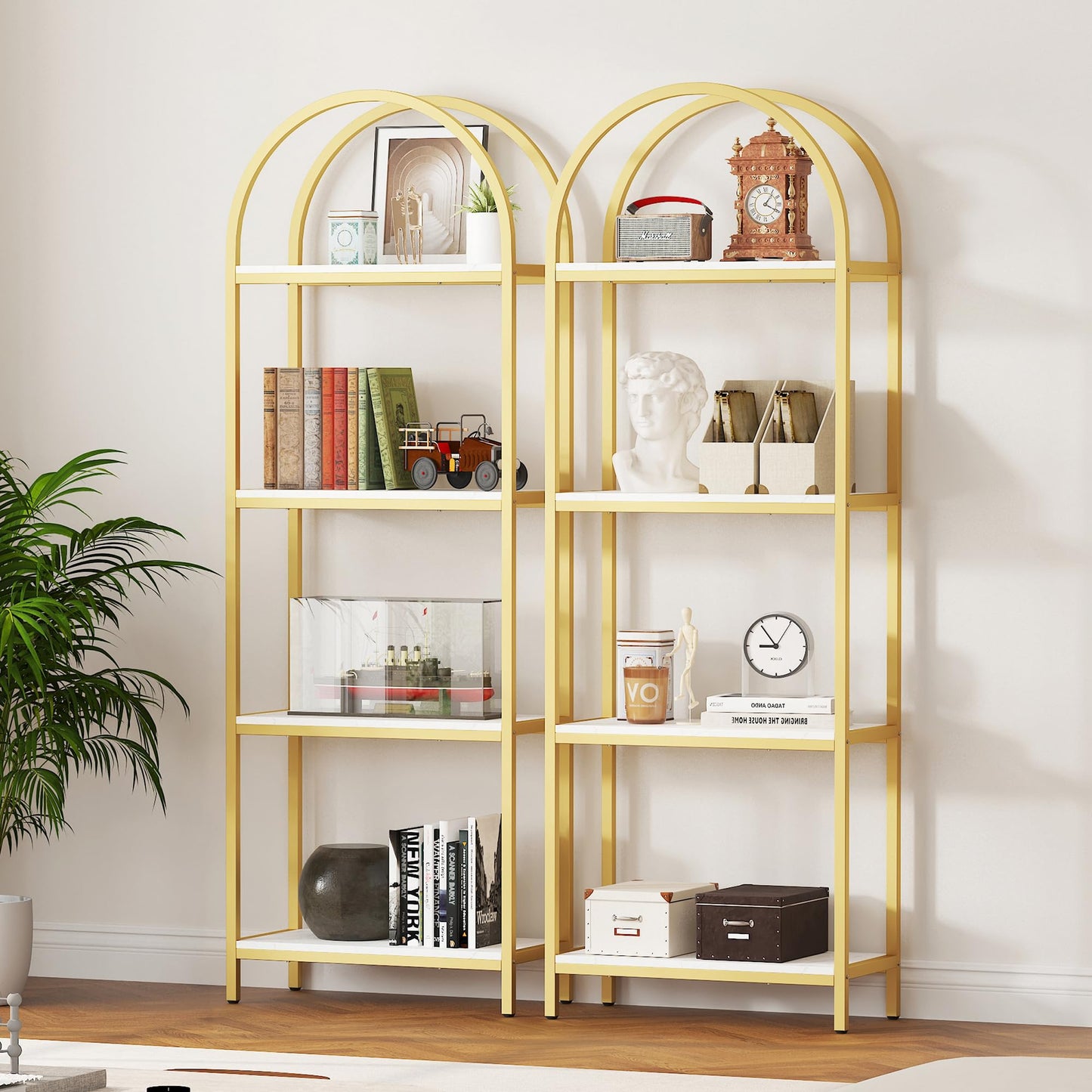Yusong Bookshelf 4 Tier Arched Bookcase, 71.3" Tall Industrial Open Book Shelves for Living Room, Modern Freestanding Display Shelving Storage Rack Metal Frame, Office, Bedroom,Gold White