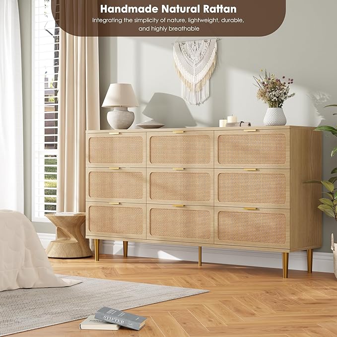 GarveeHome Rattan 9 Drawer Dressers