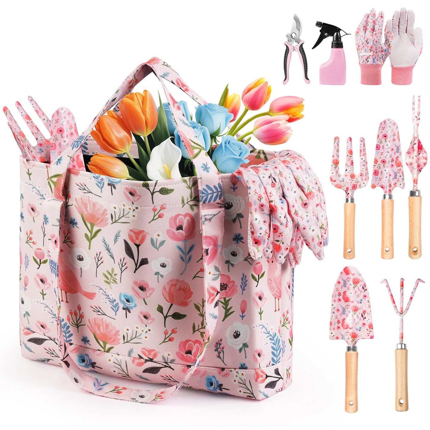 Grenebo Gardening Tools, 10-Piece Gardening Gift Set for Women, Rust-Proof & Heavy-Duty Tools with Floral Organizer Bag, Fashionable & Thoughtful Gift for Garden Women (Pink)