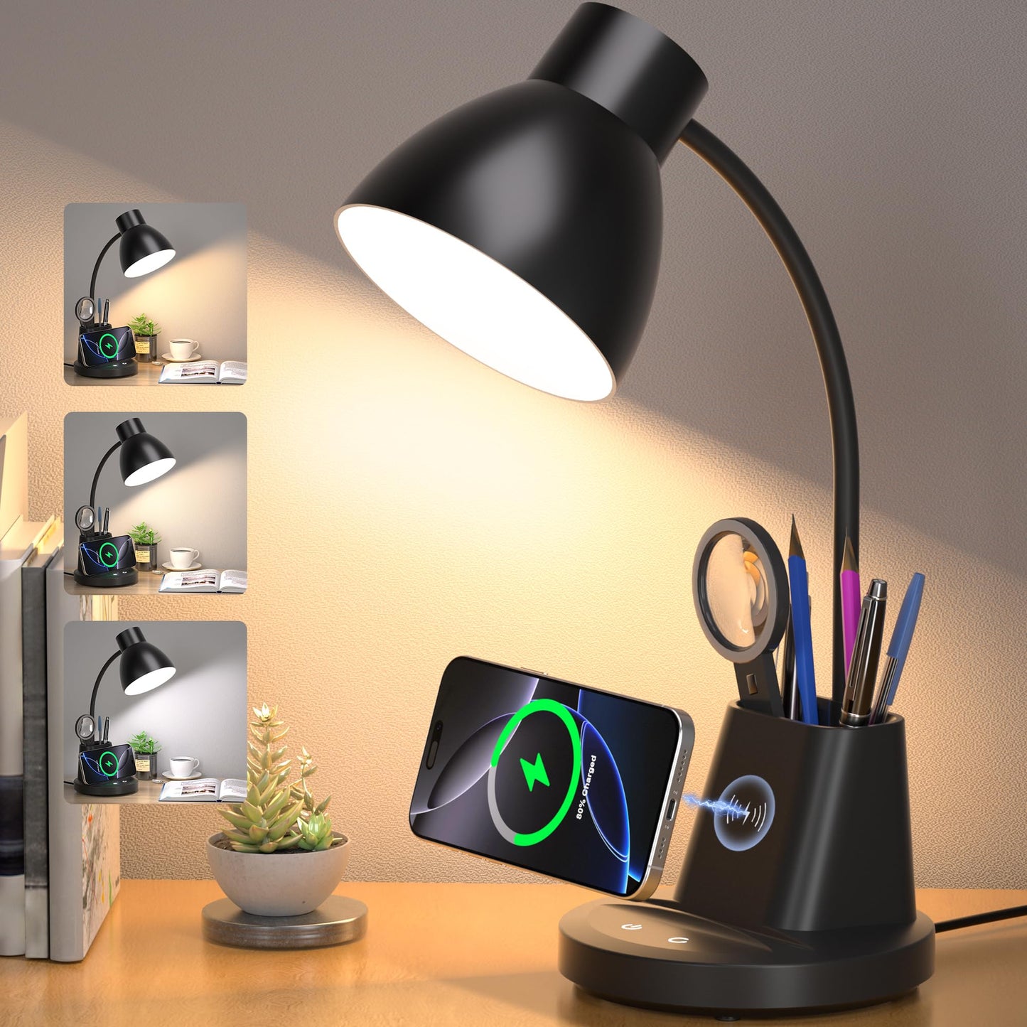 Sailstar Desk Lamp for Home Office, 10W Wireless Charging, Eye-Caring LED Desk Light, CRI 95+ 3 Color Modes Stepless Dimming Pen Holder, 360° Flexible Arm Desk Lamps for College Dorm, Adapter Included