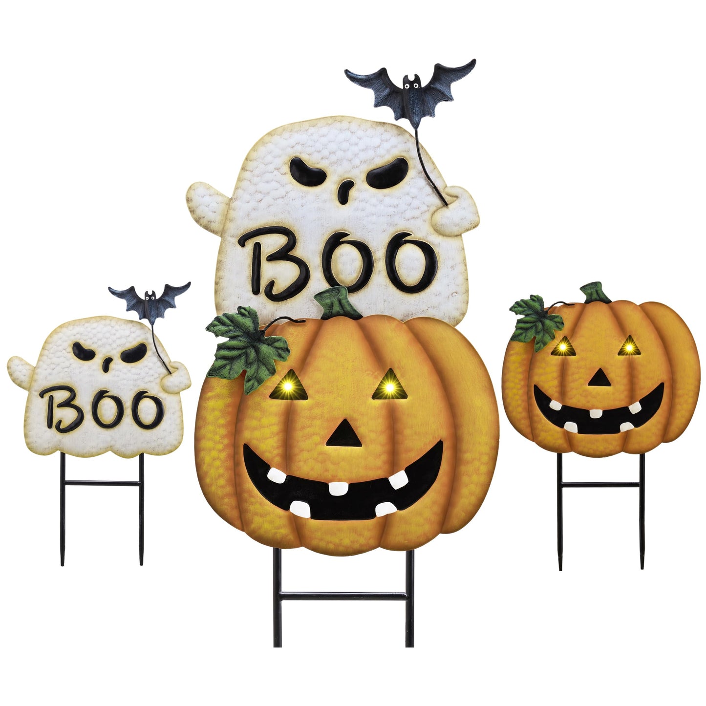 TERESA'S COLLECTIONS Metal Halloween Yard Stakes, Halloween Decorations for Outdoor with Ghost Pumpkins Solar Light, Stacked Jack-o-Lantern Garde Stakes Decor for Pathway Patio Party, 25"