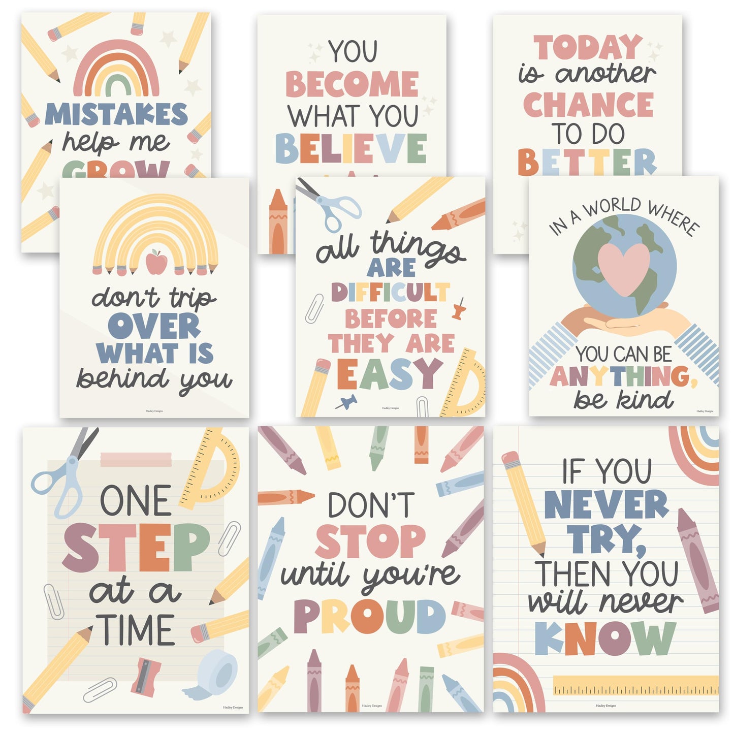 Hadley Designs Motivational Poster for Classroom Decor - 9 Growth Mindset Classroom Posters Elementary, Inspirational Wall Decor Middle School, Teacher Must Haves, Boho Bulletin Board Decorations