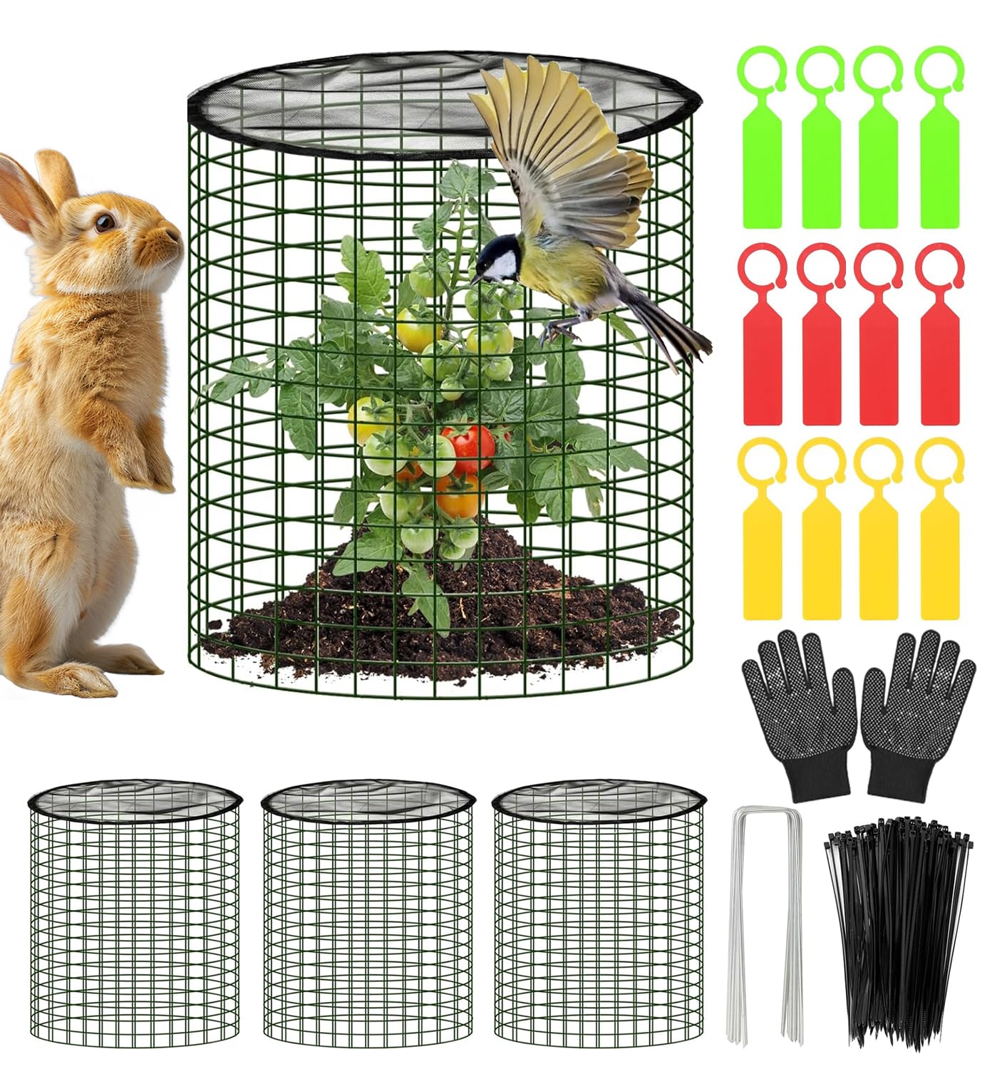 Plant Protector from Animals with Detachable Covers - 4 Pack 16”x 16" Wire Cage Cloches with Ground Stakes and Tools for Protecting Vegetable, Flower, Seedling
