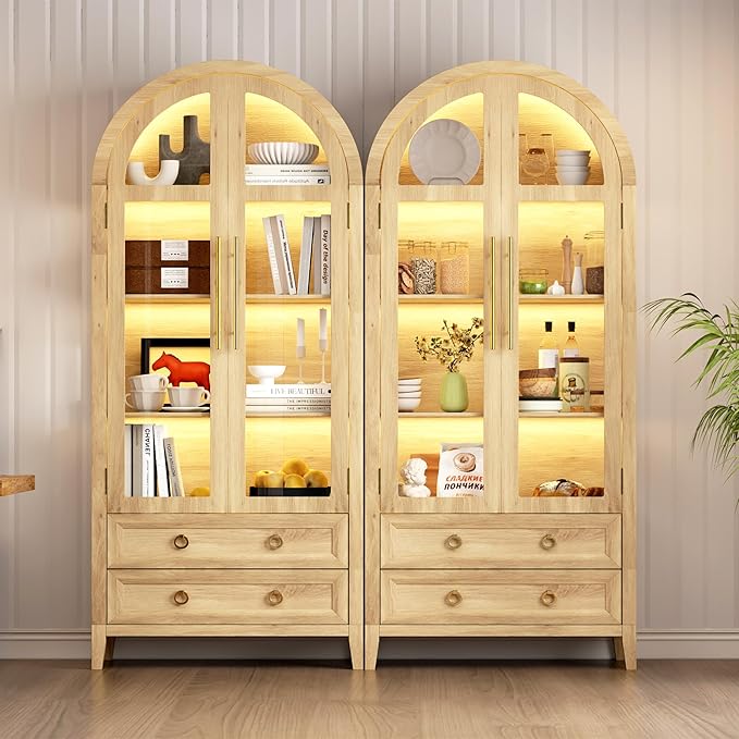 Arched Curio Cabinet with Glass Doors, 4-Tier Display Cabinet with 2 Drawers