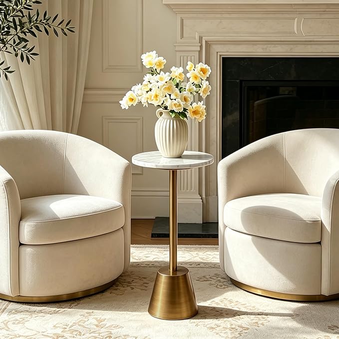 White Marble Pedestal Side Table, Round Accent End Table