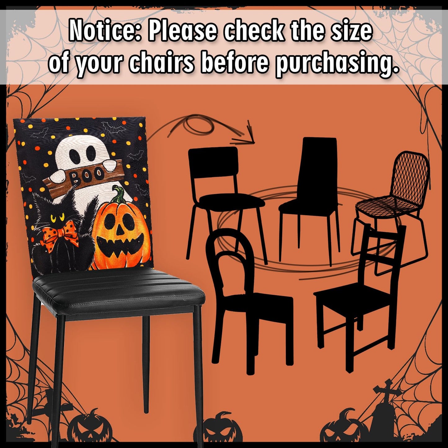 JarThenaAMCS 4Pcs Halloween Chair Back Cover Spooky Boo Ghost Bat Pumpkin Face Seat Covers Dining Chair Slipcover Protector for Trick or Treat Home Kitchen Decor