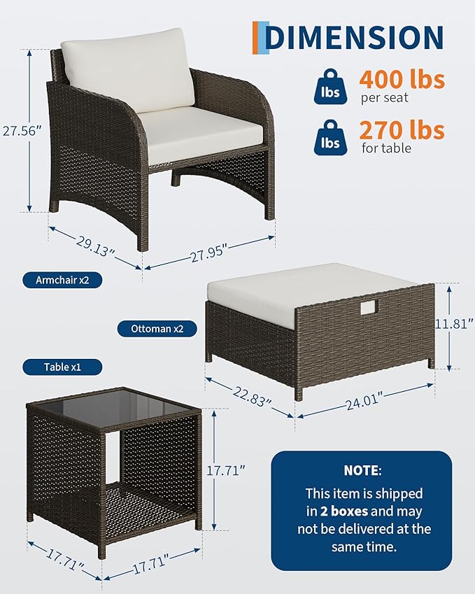 Garvee 5-Piece Outdoor Patio Conversation Set, PE Rattan Wicker Patio Furniture