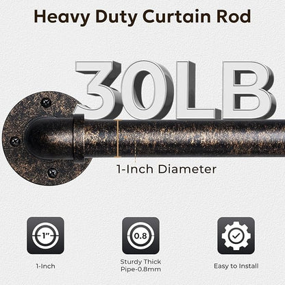 Zeerobee Curtain Rods for Windows 72 to 144, 1 Inch Industrial Wrap Around Vintage Bronze Curtain Rod, Indoor/Outdoor Room Divider Adjustable Drapery Pole, 72"-144"