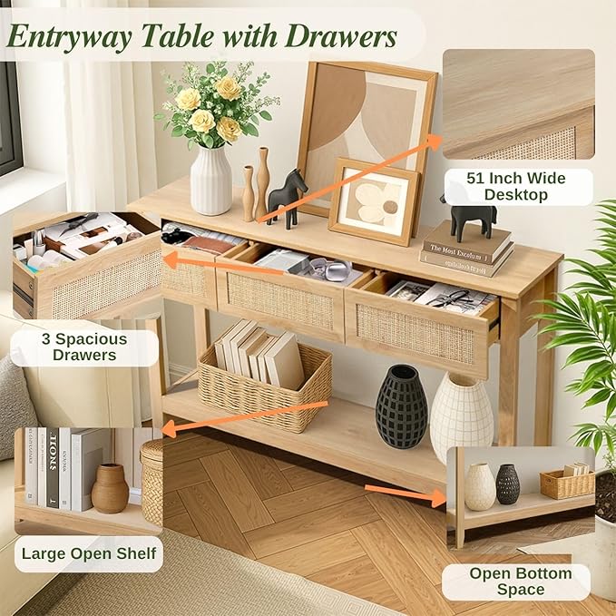 Karl home Console Table, Rattan Entryway Table