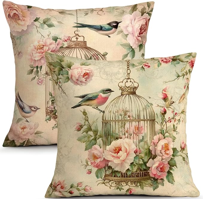 OBSEDE Vintage Throw Pillow Covers Set of 2, 18x18 Inch Pink Rose and Bird Print