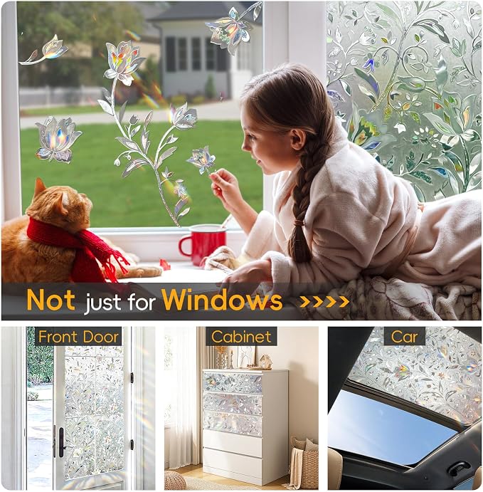 Rainbow Window Privacy Film Decorative, Stained Glass Window Tint for Home, 3D Decals Window Clings for Glass Windows, Static Cling Window Sticker, Suncatcher Window Cover,23.6" by 157.4"
