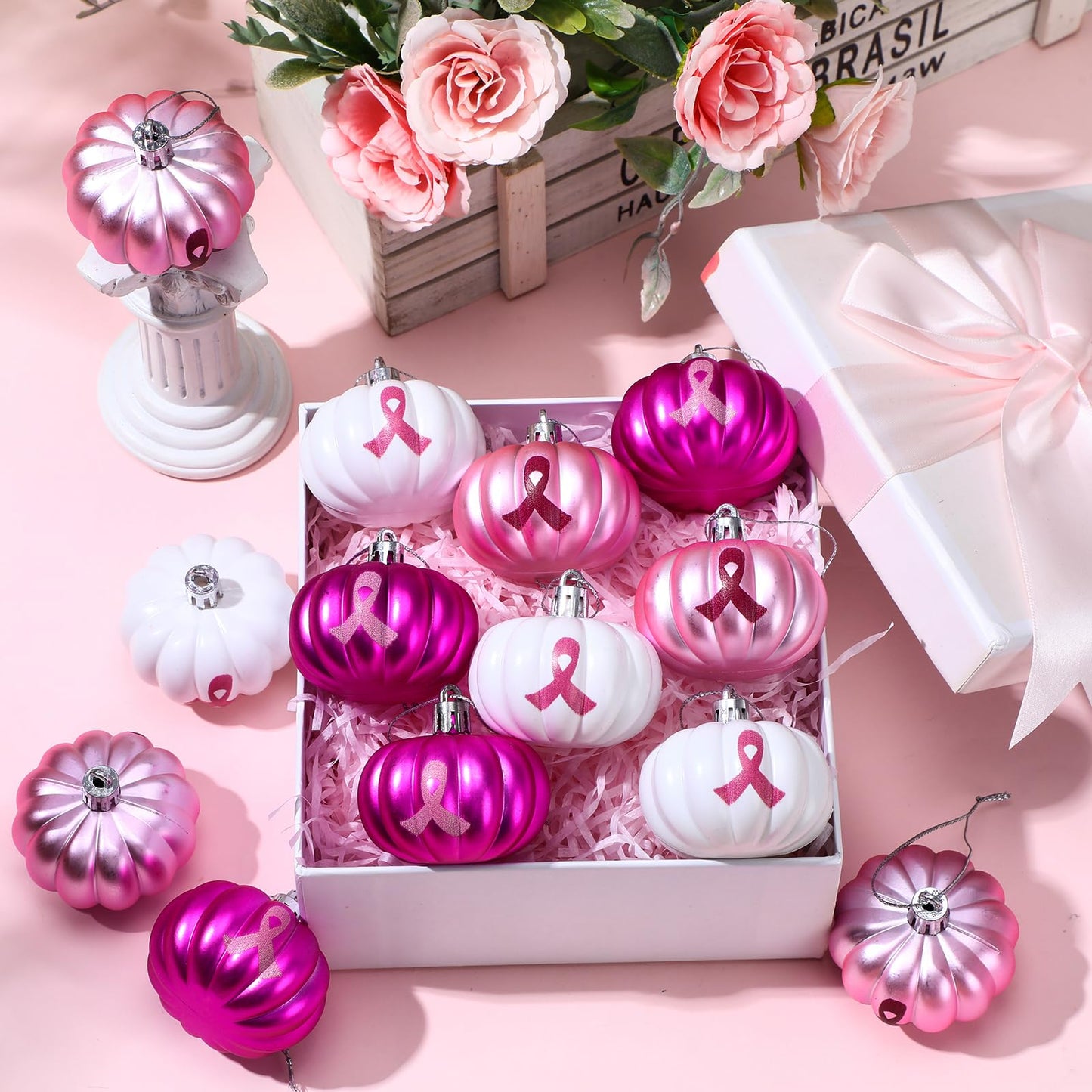 Vertintong 12 Pcs Christmas Hanging Ornaments for Tree 3D Pink Pumpkin Pendants Breast Cancer Awareness Sign Christmas Ornaments for Xmas Tree Party Decor (Flat Style)