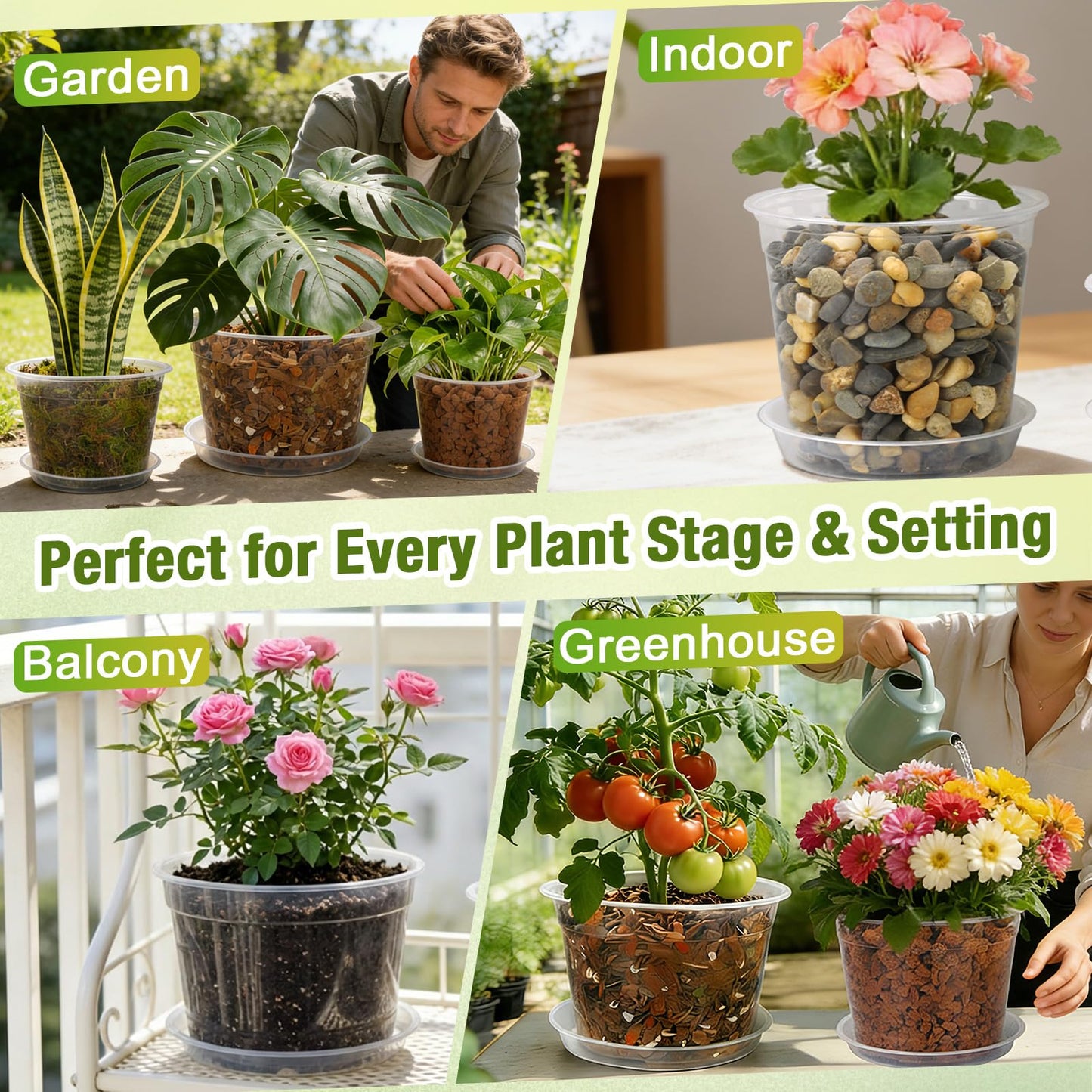 FUOAUYK 12/10/8/6/4 Inch Clear Nursery Pots with Drainage and Saucers, 20 Pack Large Clear Plastic Nursery Pots for Plants, Seedling Plant Pots for Repotting and Growing Plants, Flowers & Vegetables
