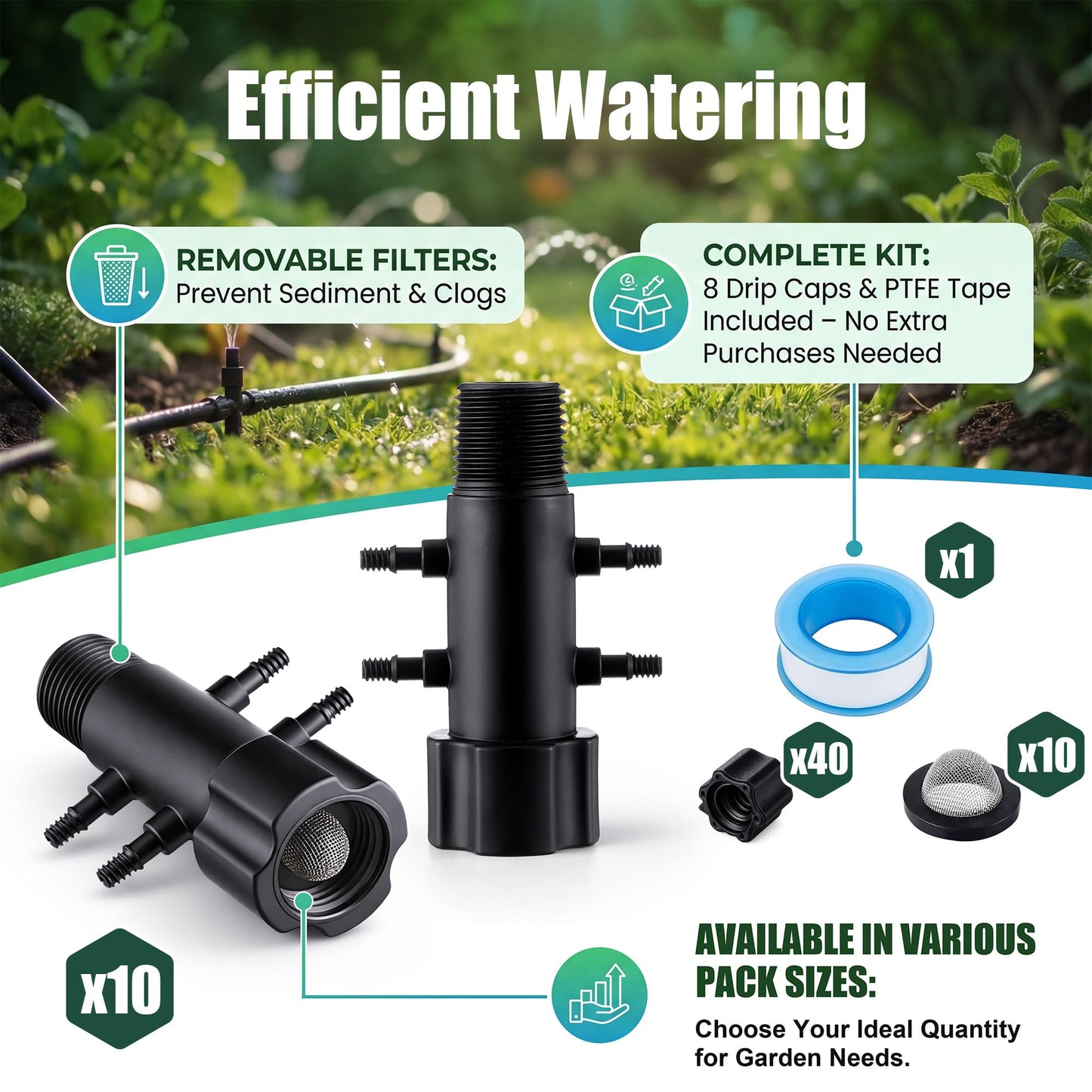 Gulfmew 10 Pack 4 Port Drip Irrigation Manifold with Filter, Drip Irrigation Riser Adapter, Watering Manifold for Gardening Systems, 1/2" Female Pipe Thread x 1/2" Male Pipe Thread x 1/4" Barbed End