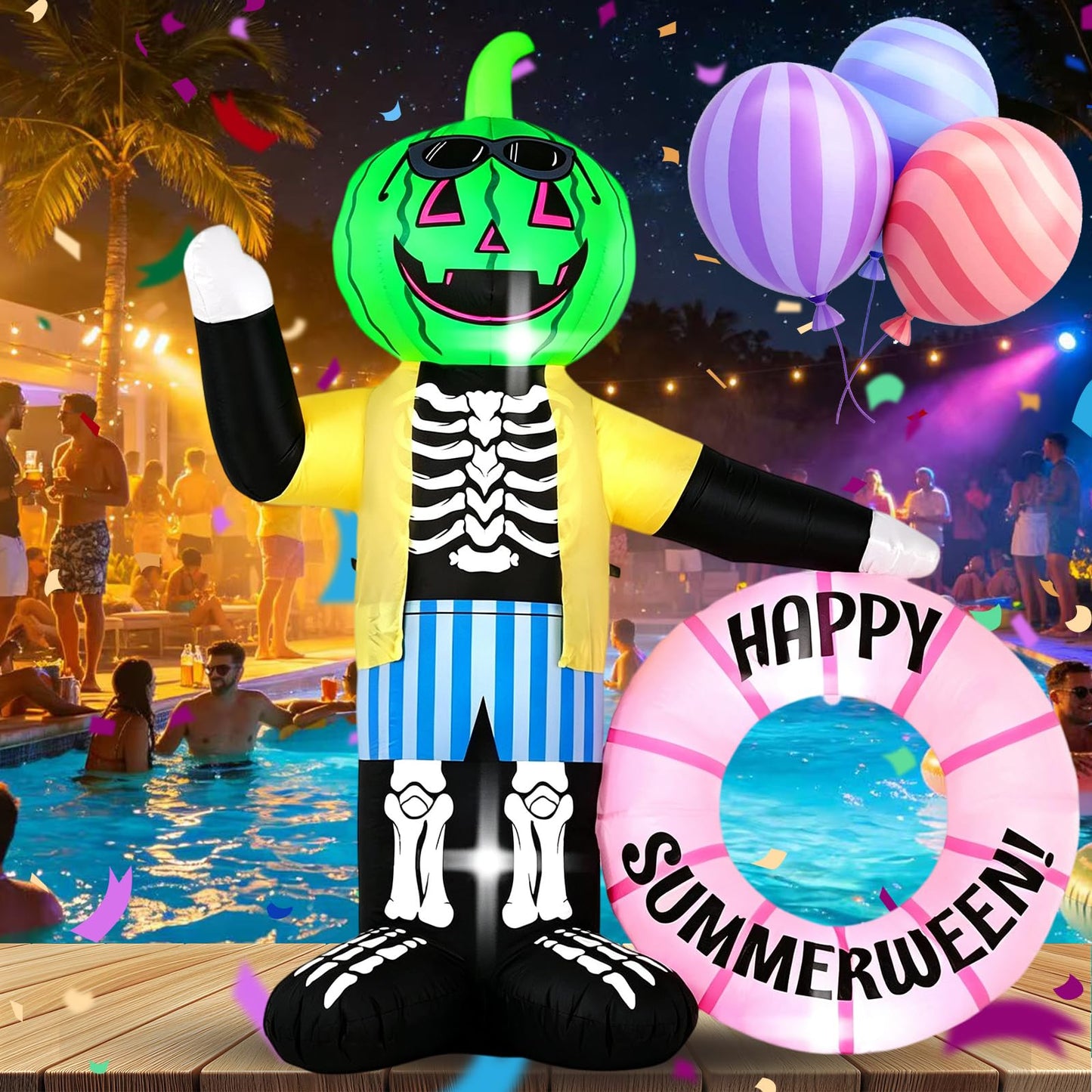 HZGDEJTG 6FT White Ghost Zombie Holding Flower Wreath Outdoor Inflatable Decoration, with Built-in LED Light, Suitable for Halloween Parties, Indoor and Outdoor Lawns, and Party Venues.