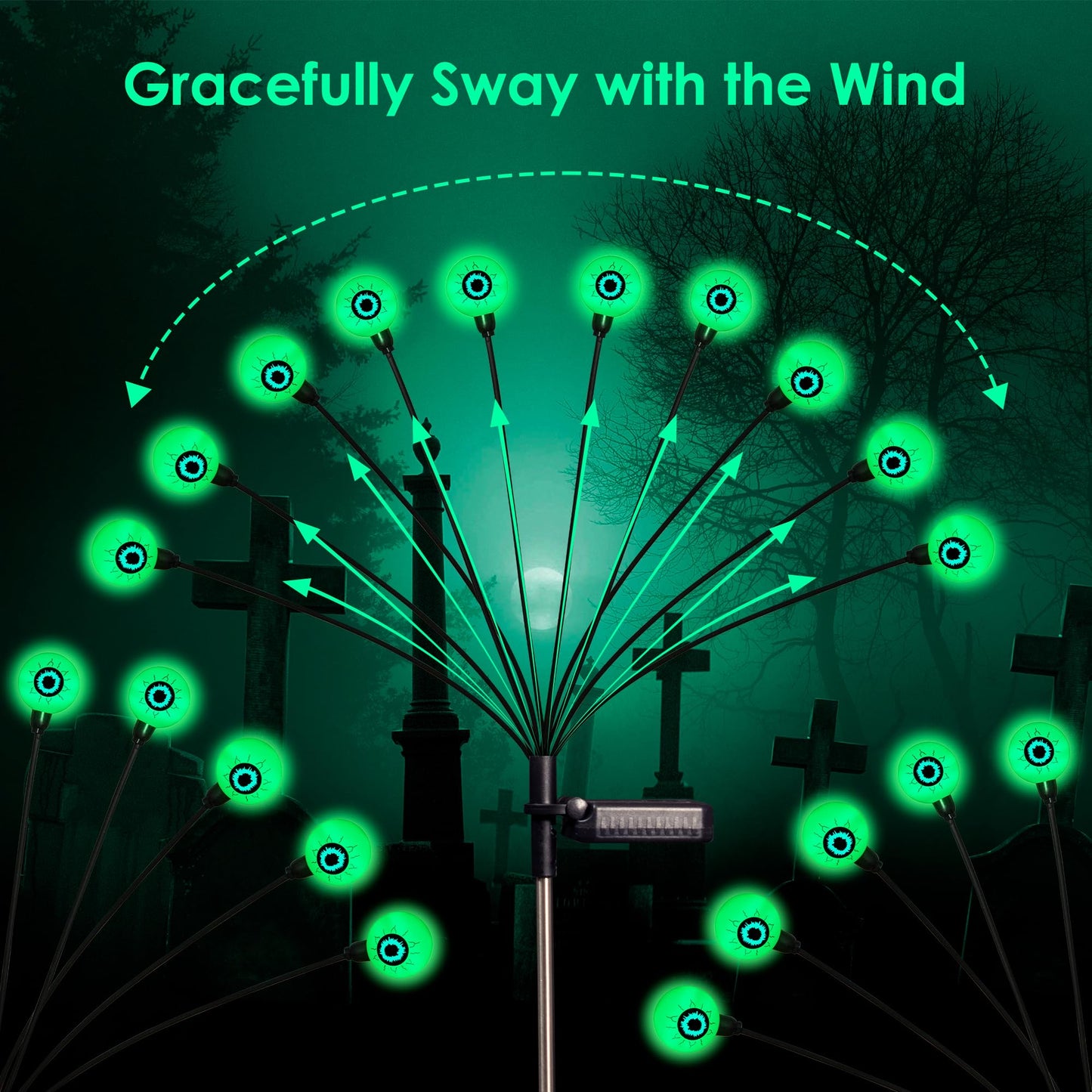 Halloween Decorations, 4 Pack 40LED Solar Halloween Lights Outdoor Scary Eyeball Waterproof Halloween Solar Garden Lights Swaying Firefly Lights for Yard Garden Patio Party Decor Green