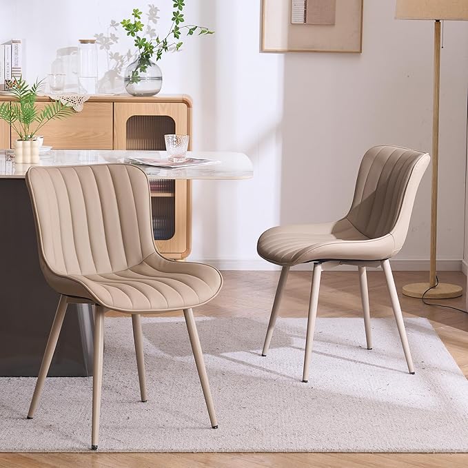 YOUNUOKE Mid-Century Modern Dining Chairs Set of 2, Khaki PU Leather