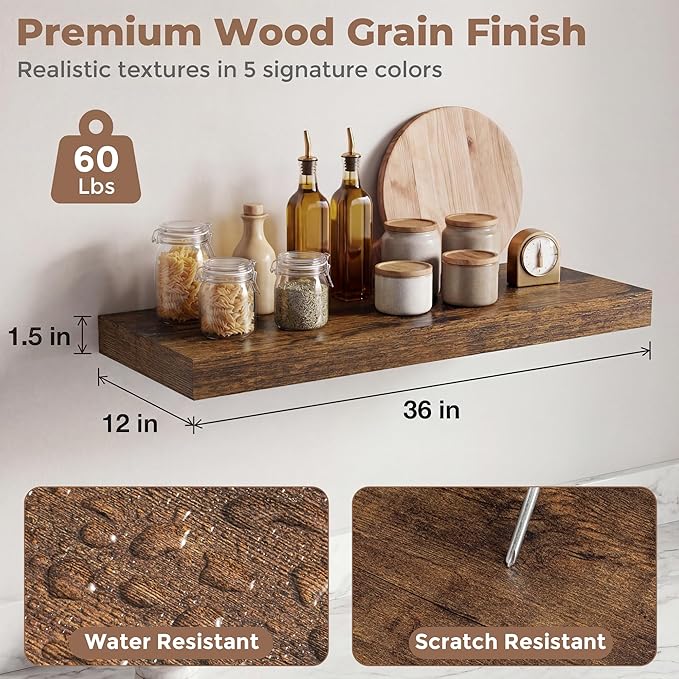 12 inch Deep Floating Shelves for Wall, 36 inch Wide Engineered Wood Wall